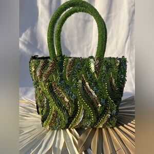 Viral Beaded Bag Handmade Green Sequin w/ Long Silver Chain Strap NWT